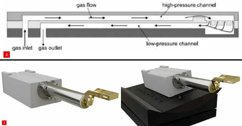 Figure 2. The cold stage with the flow restriction on the right & Figure 3. Design of the cryogenic micro-cooler.